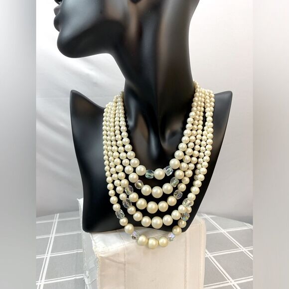 Vtg 50s Pearlized Beads Adjustable Necklace 5 Strand Aurora Borealis Beads Japan - Picture 1 of 7